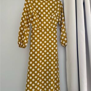 Topshop Mustard and White Polka Dot Long Sleeve Midi Dress
